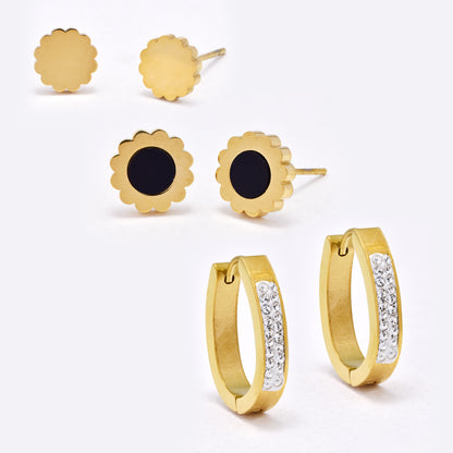 SSYE6753 - St Steel oval crystal huggie, gold flower & two tone flower stud set