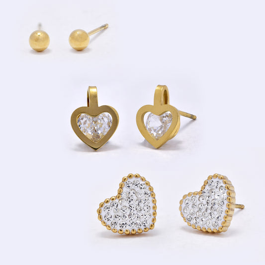 SSYE7177 - Steel 3-Pair CZ heart stud set
