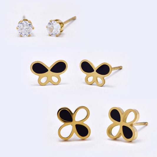 SSYE7178 - Steel 3-Pair enamel & CZ butterfly & flower stud set