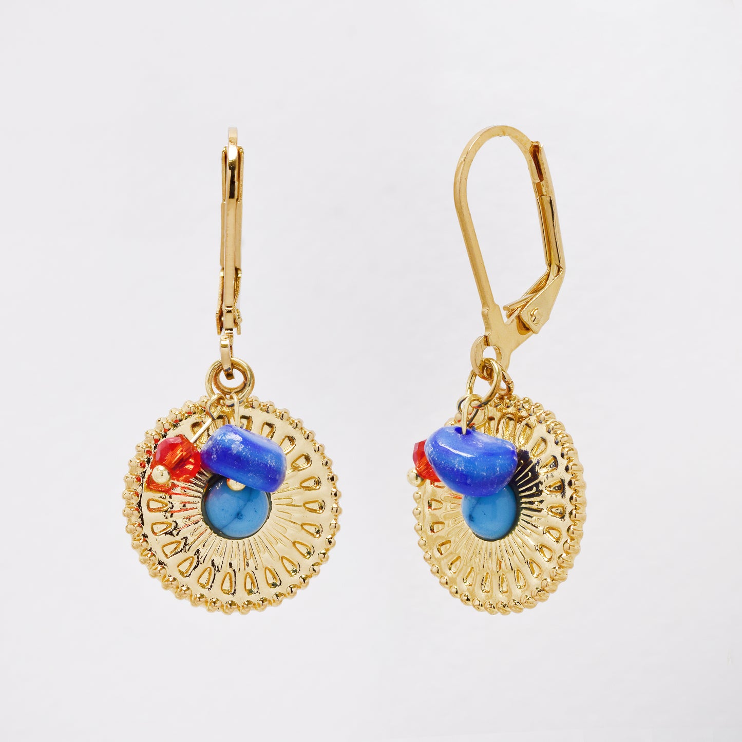 SSYE7371 - Steel round mandala disk drop earring with bead & stone