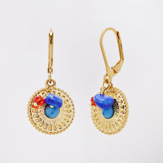 SSYE7371 - Steel round mandala disk drop earring with bead & stone