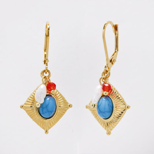SSYE7372 - Steel diamond shaped lined disk drop earring with faux pearl & bead