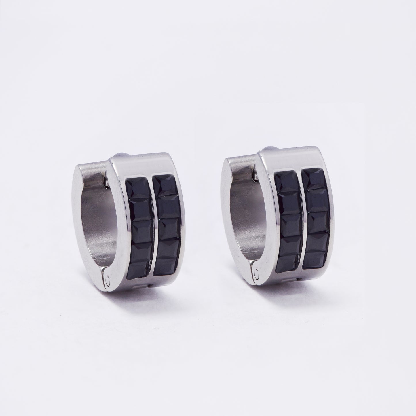 SSYE7399 - Steel 13mm x 6mm 2-row black CZ huggie earring