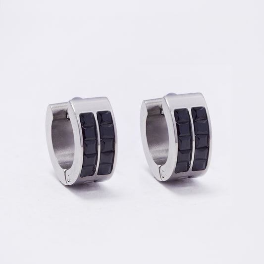 SSYE7399 - Steel 13mm x 6mm 2-row black CZ huggie earring