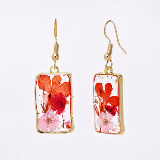 SSYE7421 - Steel 24mm x 15mm red rectagular floral resin drop earring