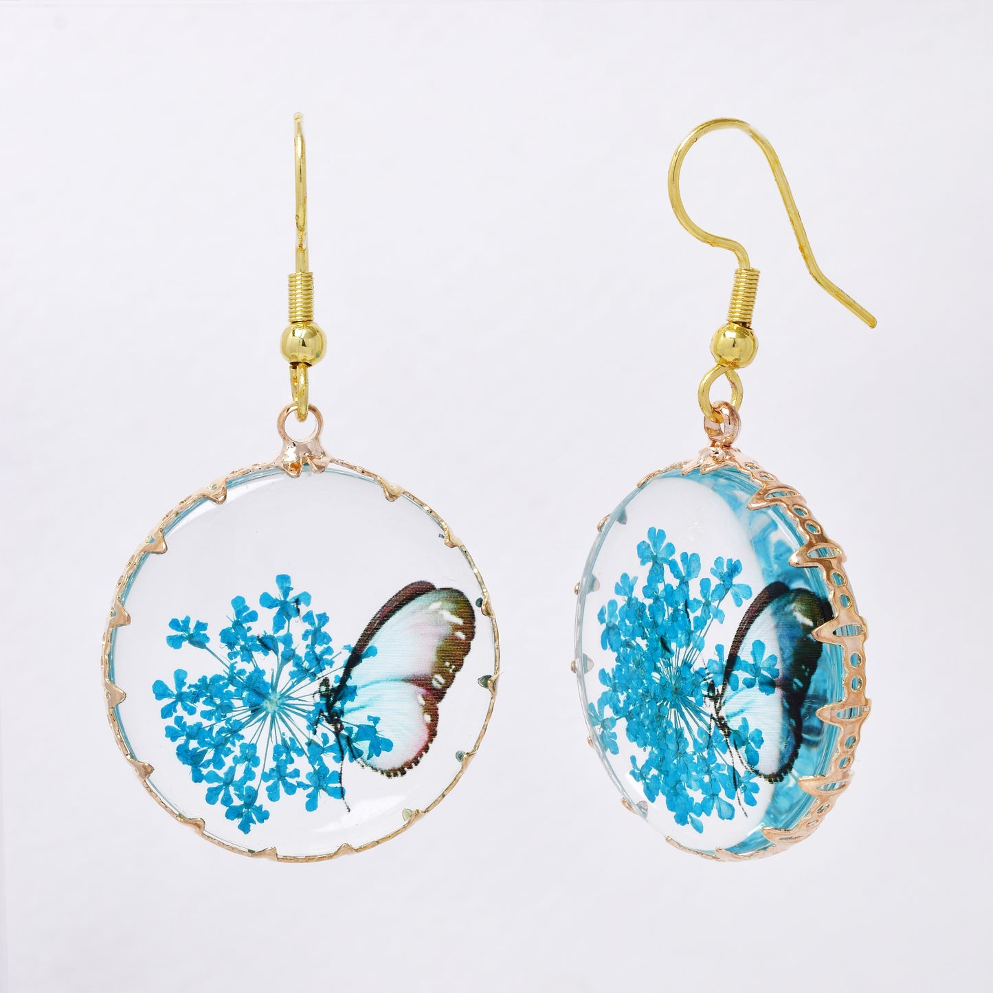 SSYE7430 - Steel 25mm round floral butterfly resin drop earring