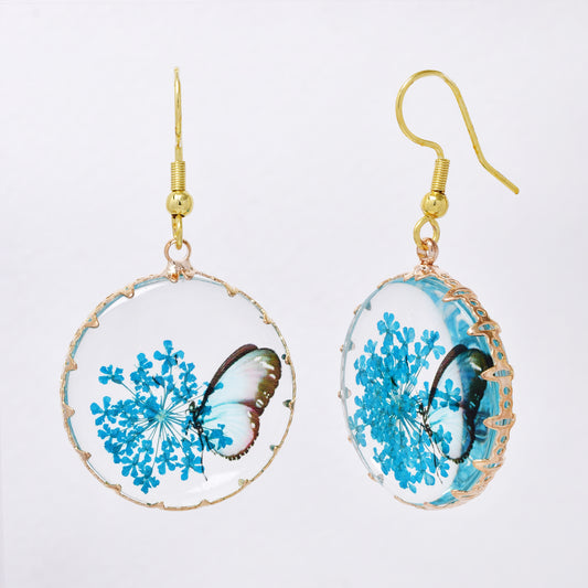 SSYE7430 - Steel 25mm round floral butterfly resin drop earring
