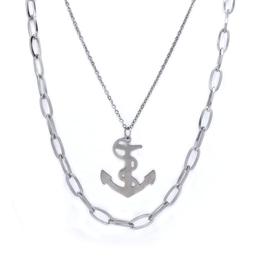 Stainless steel layered necklace with anchor pendant, inner chain length: 50cm outer chain length: 61cm - SSYN3713A