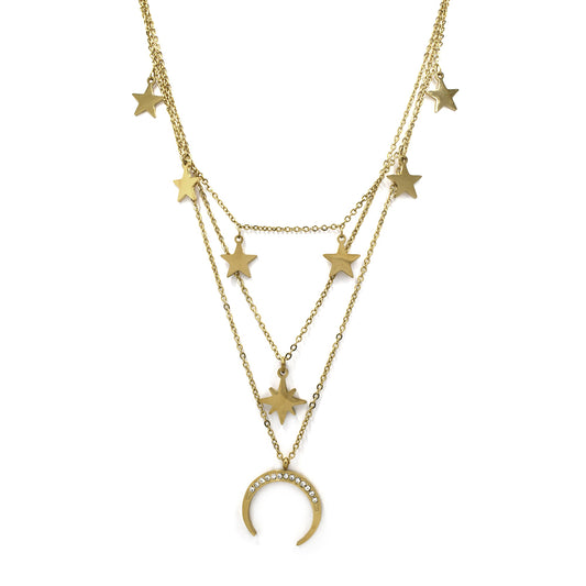 Stainless steel moon star triple layered necklace - SSYN4070