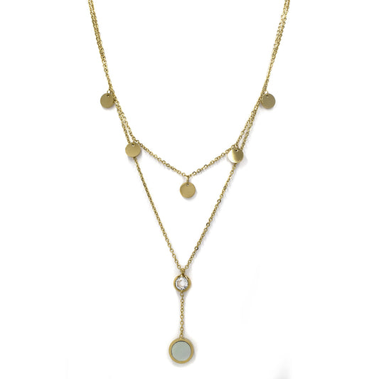 Stainless steel disk crystal double necklace - SSYN4076