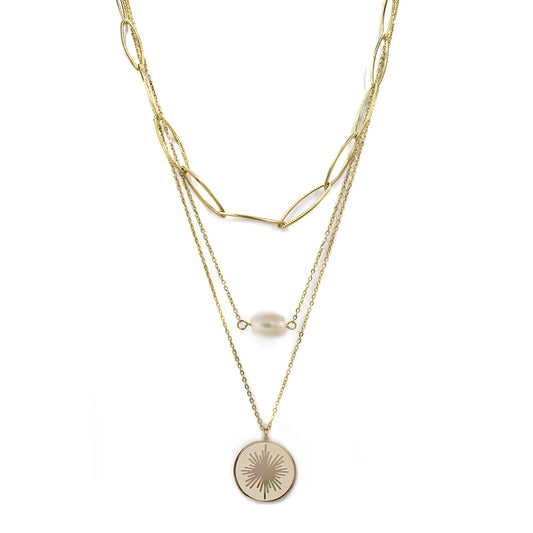 Gold Stainless steel pearl and disc charm triple chain - SSYN4077