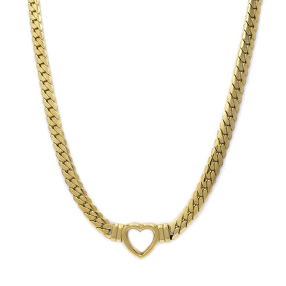 Stainless steel flat curb necklace with heart