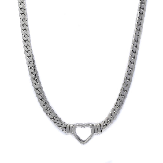 Stainless steel flat curb necklace with heart - SSYN4463