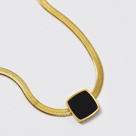 Stainless steel herringbone necklace with square enamel disk - SSYN4798