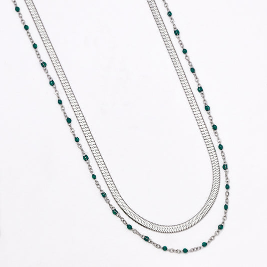 Stainless steel double layer necklace with colour enamel beads 38+5 cm