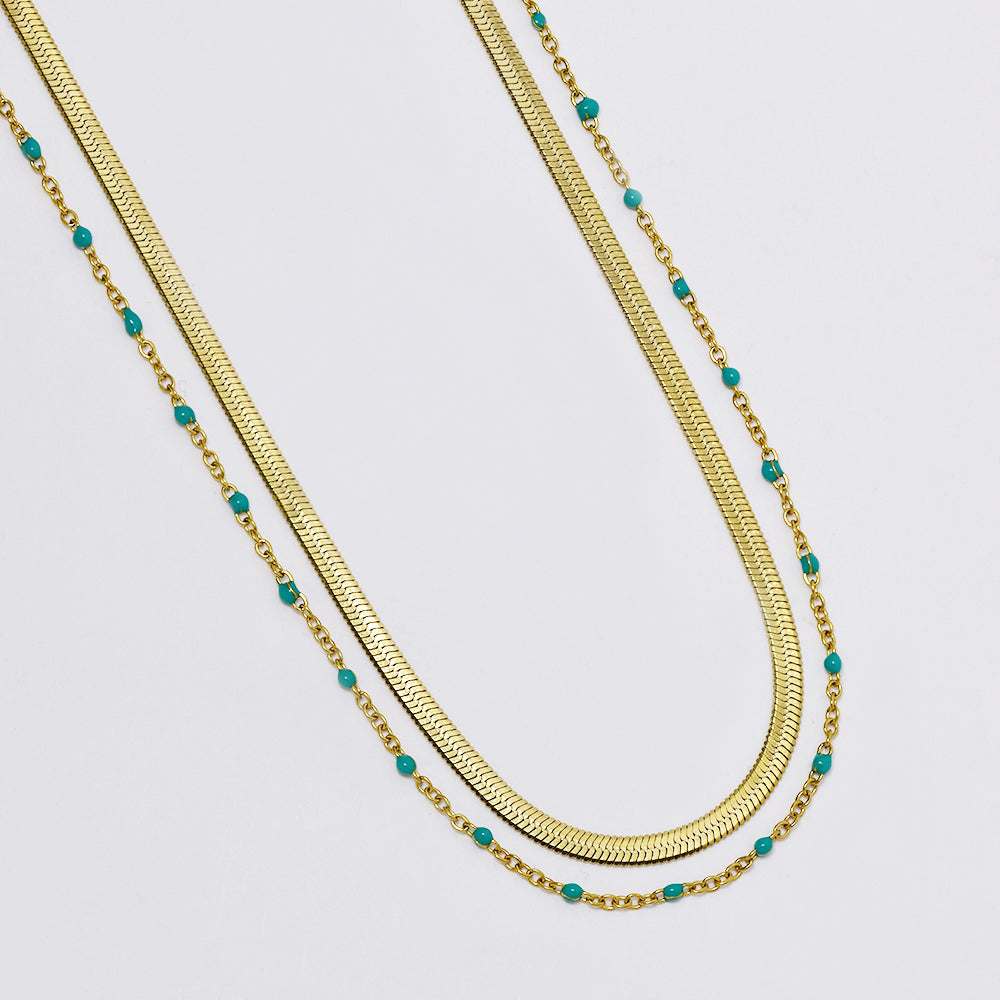 Stainless steel double layer necklace with colour enamel beads 38+5 cm