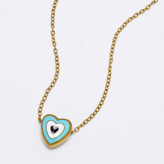 Stainless steel necklace with evil eye enamel heart length:39 5 charm 11 x 11mm - SSYN4955