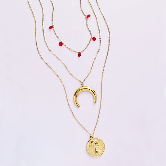 Stainless steel 3 strand necklace with red stones, crescent moon and disc - SSYN4970