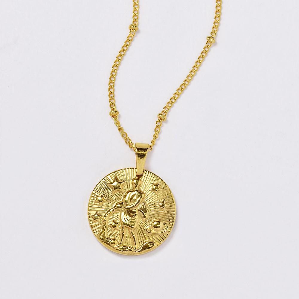 Stainless steel gold plated necklace with zodiac sign on round disc - SSYN4990
