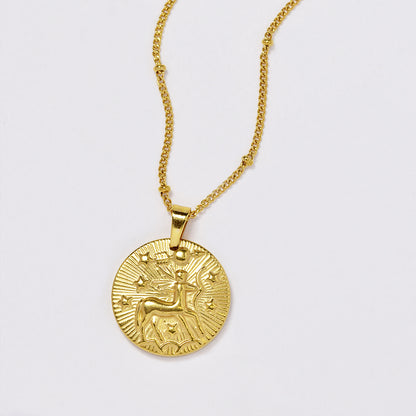 Stainless steel gold plated necklace with zodiac sign on round disc - SSYN4990