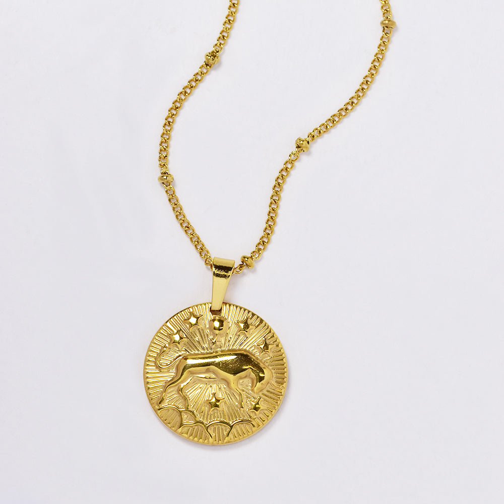 Stainless steel gold plated necklace with zodiac sign on round disc