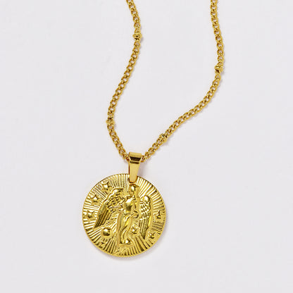 Stainless steel gold plated necklace with zodiac sign on round disc