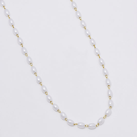 Stainless steel single strand elongated pearl necklace Length: 50cm Pearl: 4 mm in diameter Width: 3mm