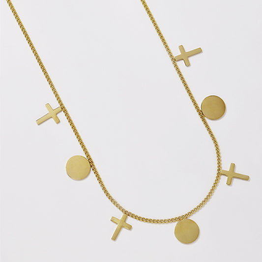 Stainless steel gold plated disk and cross charm necklace