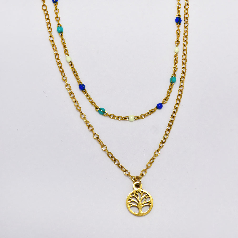 Stainless steel double 43 and 40cm + 5.5cm colour enamel beads with disk chain - SSYN5175