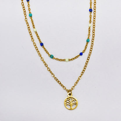Stainless steel double 43 and 40cm + 5.5cm colour enamel beads with disk chain - SSYN5175