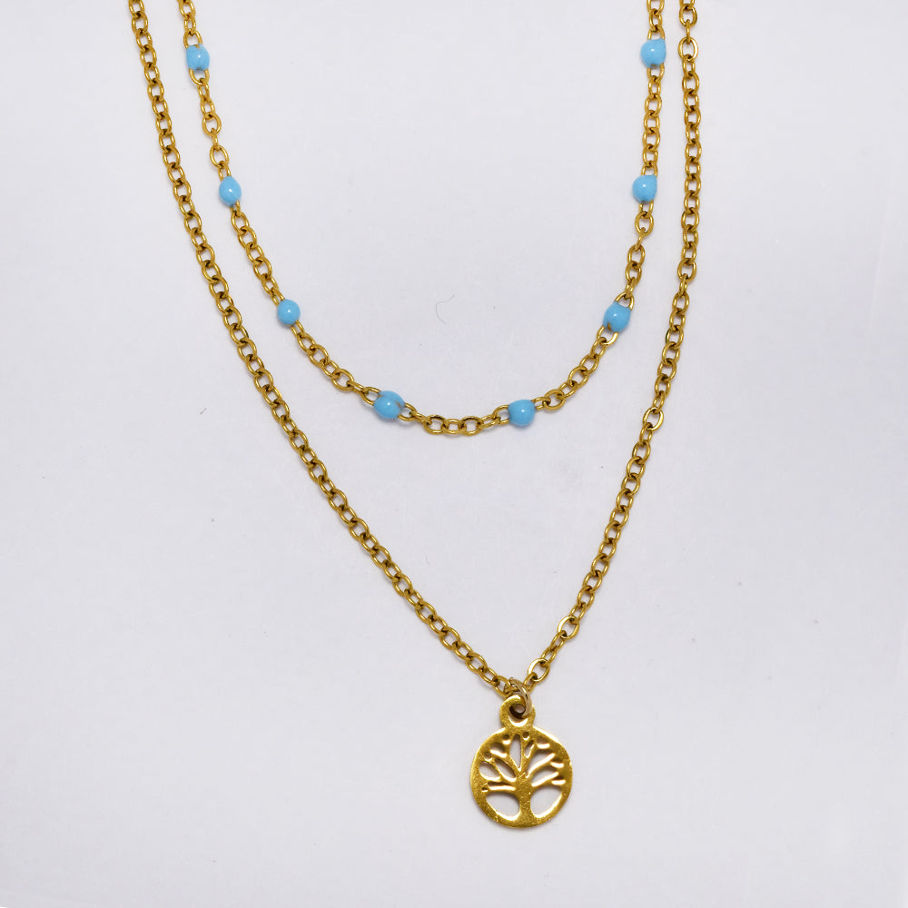 Stainless steel double 43 and 40cm + 5.5cm colour enamel beads with disk chain - SSYN5175