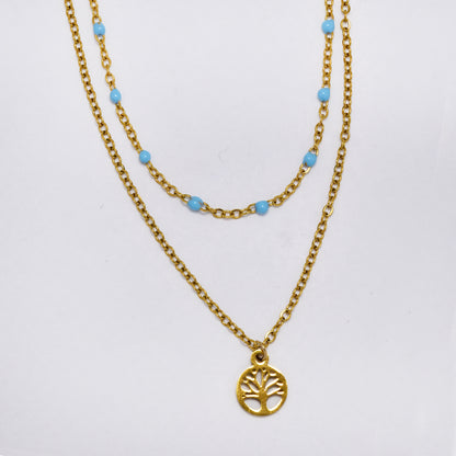 Stainless steel double 43 and 40cm + 5.5cm colour enamel beads with disk chain - SSYN5175