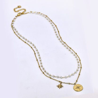 Stainless steel 39+5cm layered 8-point star and disk faux pearl necklace - SSYN5329