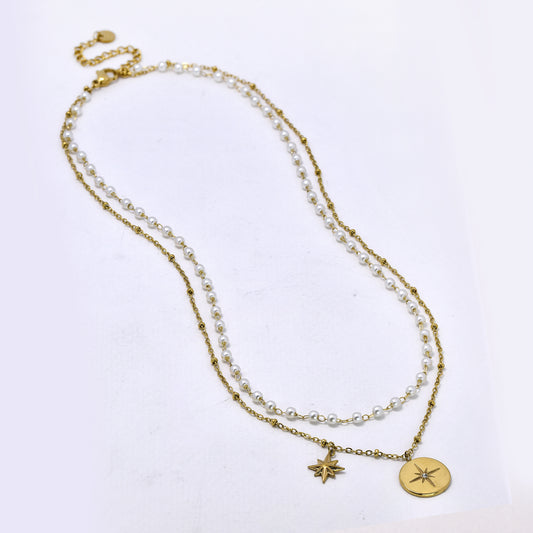 Stainless steel 39+5cm layered 8-point star and disk faux pearl necklace - SSYN5329