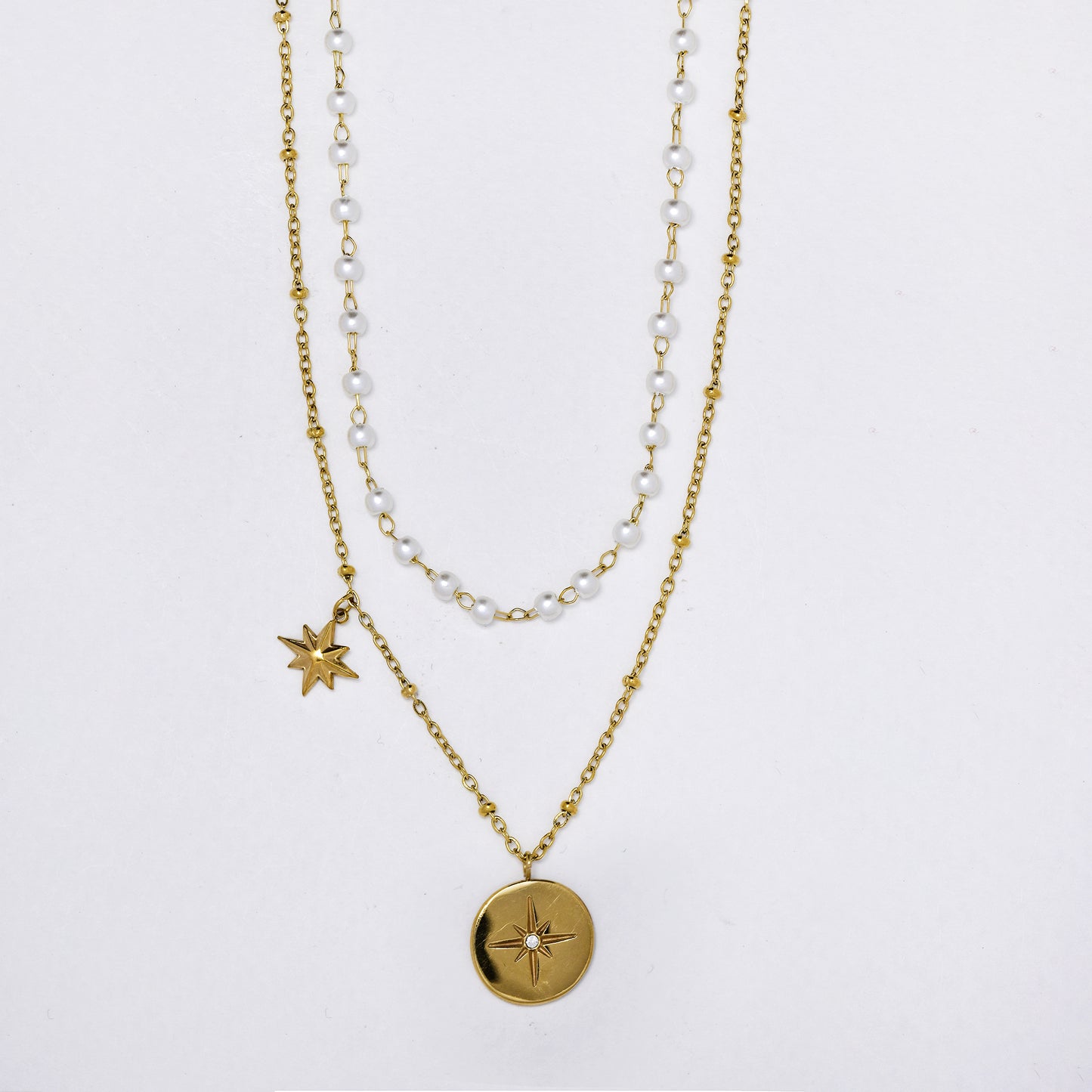 Stainless steel 39+5cm layered 8-point star and disk faux pearl necklace - SSYN5329