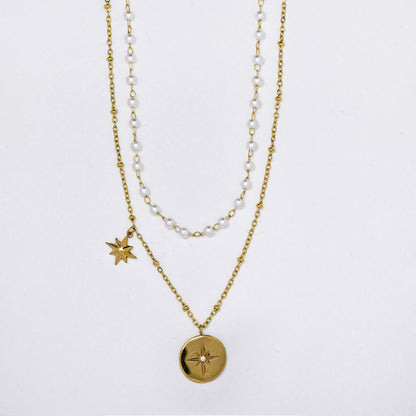 Stainless steel 39+5cm layered 8-point star and disk faux pearl necklace - SSYN5329