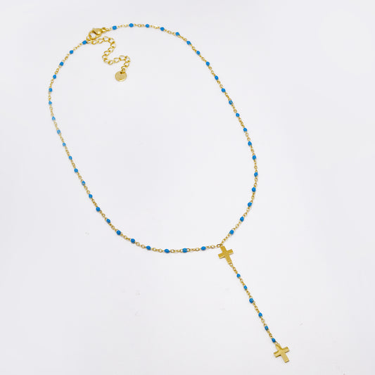 Stainless steel double cross enamel bead necklace - SSYN5332