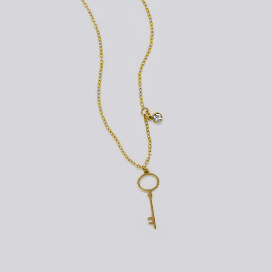 Stainless steel gold cubic zirconia and key necklace - SSYN5473