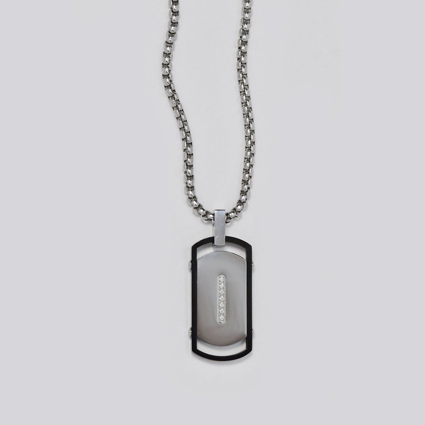 Stainless steel cubic zirconia cutout frame dogdag on 60cm round box chain - SSYN5479