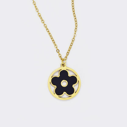 Steel flower inside cutout circle pendant necklace - SSYN5546-W