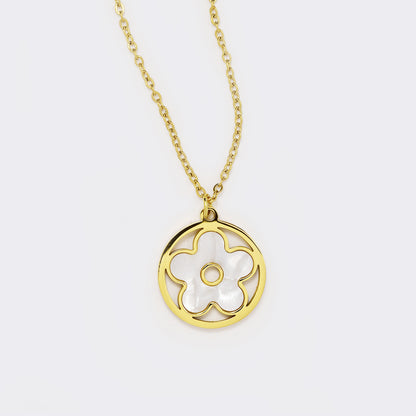 Steel flower inside cutout circle pendant necklace - SSYN5546-W