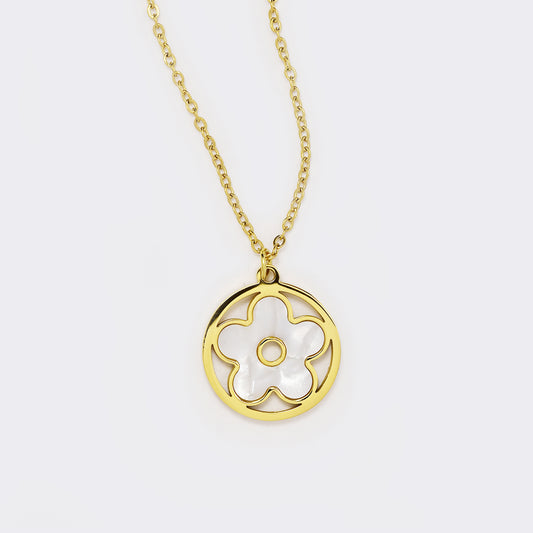 Steel flower inside cutout circle pendant necklace - SSYN5546-W