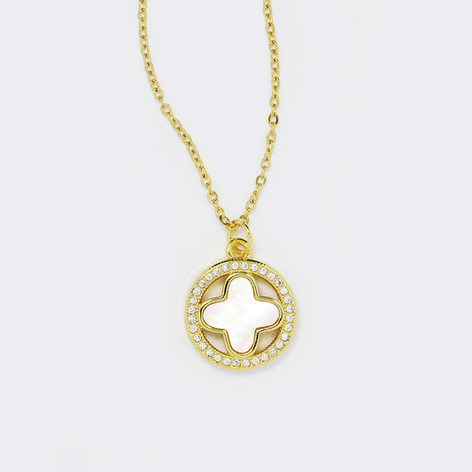 Steel flower with CZ round pendant necklace - SSYN5547