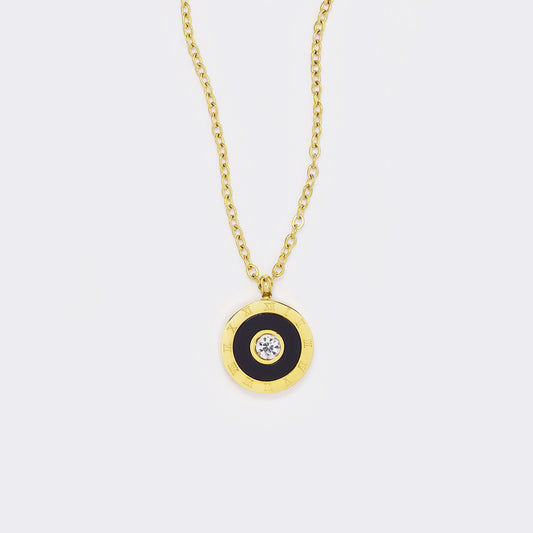 Steel gold and black round pendant with Roman numerals and cubic zirconia center