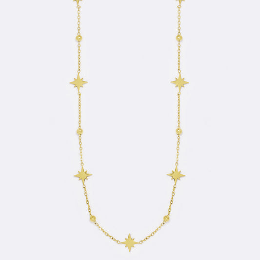 Eight point star disk charm and gold ball necklace - SSYN5562