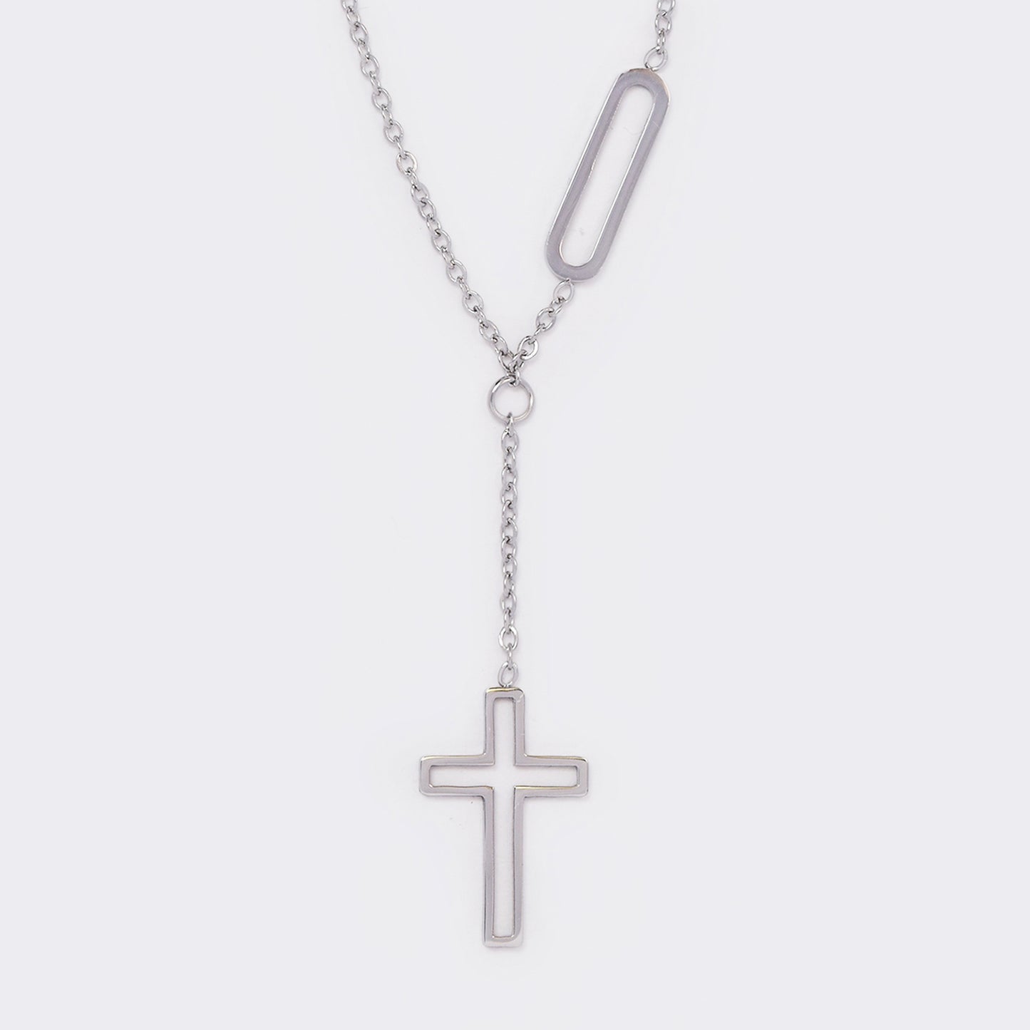 Stainless steel cutout cross and oval link necklace - SSYN5612