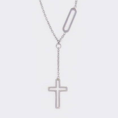 Stainless steel cutout cross and oval link necklace - SSYN5612