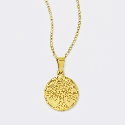 Stainless steel gold tree of life solid disk necklace - SSYN5626