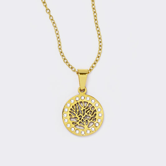 Stainless steel gold cutout tree of life round disk crystal necklace - SSYN5627
