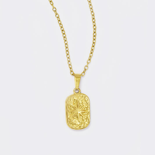 Stainless steel gold textured oval disk with eight point star necklace - SSYN5630